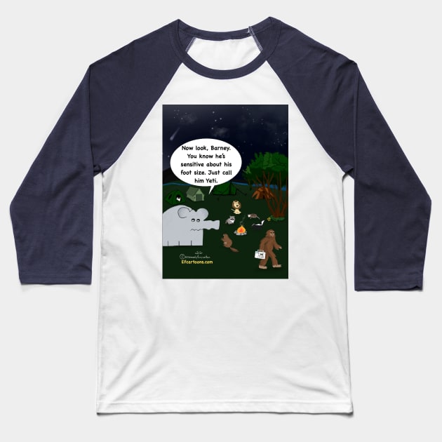 Enormously Funny Cartoons Camping with Bigfoot Baseball T-Shirt by Enormously Funny Cartoons